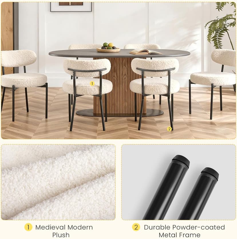 DUMOS Dining Chairs Set of 4, Mid Century Modern Chair Round Upholstered Curved Backrest, Kitchen Vanity Living Room Chairs with Black Metal Legs,Light Beige