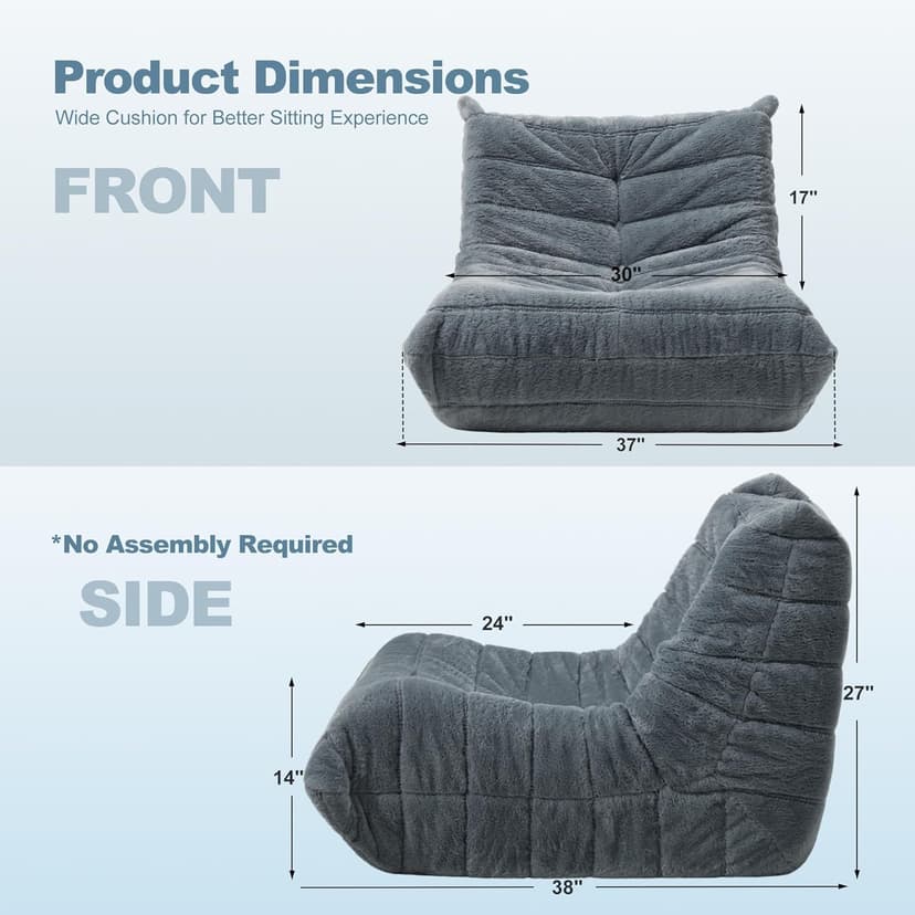 Bean Bag Chair Big Sofa Beanbag Chair for Adults Fireside Chair Bean Bag Lounger with Memory Foam Filled for Home,Apartment or Gaming Venue(Grey Plush Single)