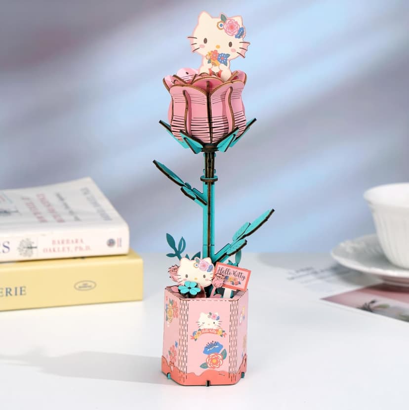Hands Craft Hello Kitty and Friends Pink Rose 3D Wooden Puzzle Kit | DIY Flower Model | Arts & Crafts for Adults & Kids | Creative Hobby Kits | Hello Kitty Collectible | Wood Building Set