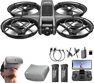 VR FPV Hobby Drone with VR Goggles, One Key Takeoff/Landing, APP Control, Brushless Motor, Dual Batteries, Beginner-Friendly Quadcopter with Propeller Guards, Altitude Hold, Optical Flow Positioning, Dual Cameras & LED Night Lights, a first-person view