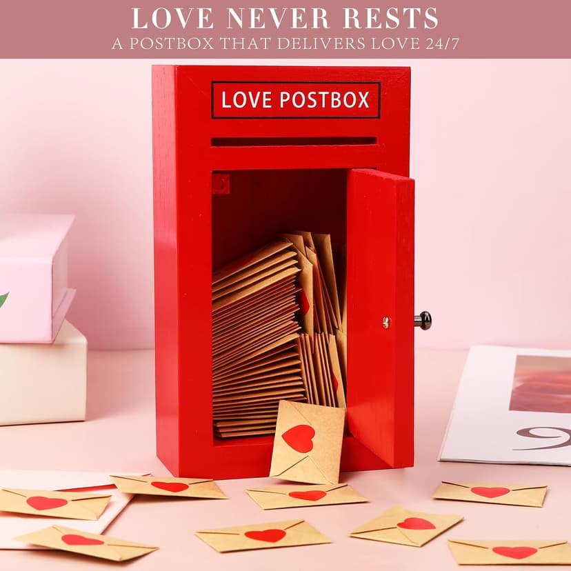 Red Wooden Mailbox, Interactive Opening Door, Cute Christmas Anniversary Valentines Day Gifts for Him Husband Boyfriend Romantic Wooden Love Postbox Set, 50 Mini Love Notes and Envelopes B0DQVG86TF