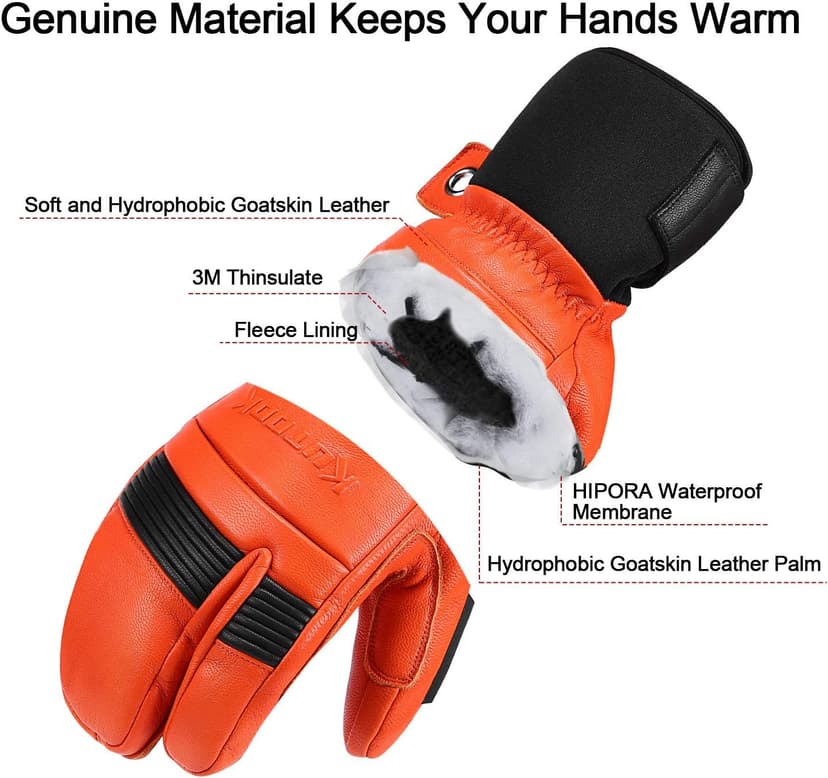 KUTOOK Ski Mittens with HIPORA Waterproof Membrane Goat Leather Gloves for Skiing Outdoor
