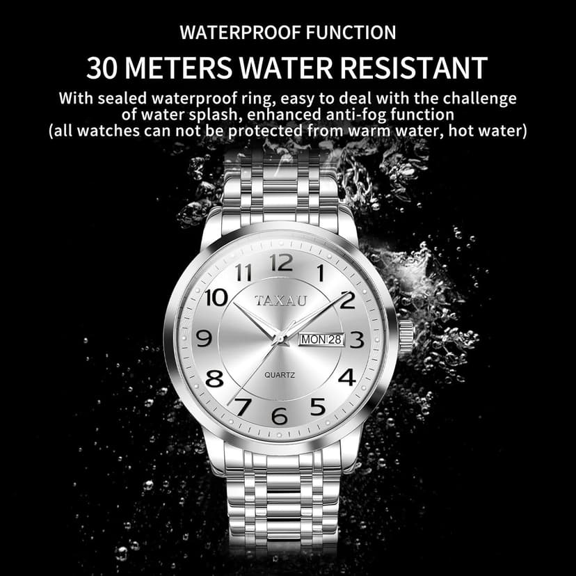 Taxau Watches for Men Stainless Steel Waterproof Two Tone Luxury Casual Silver Wrist Watch Quartz Analog Business Big Face Classic Dress Mens Watches with Day Date