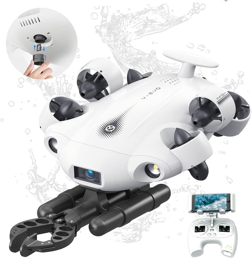 【2025 New】FIFISH V-EVO 4K60FPS Underwater Drone with Robotic Arm, with Removable SD Card, QYSEA AI Vision Lock 360° Omnidirectional Movement Underwater ROV with Depth Hold,330ft Dive