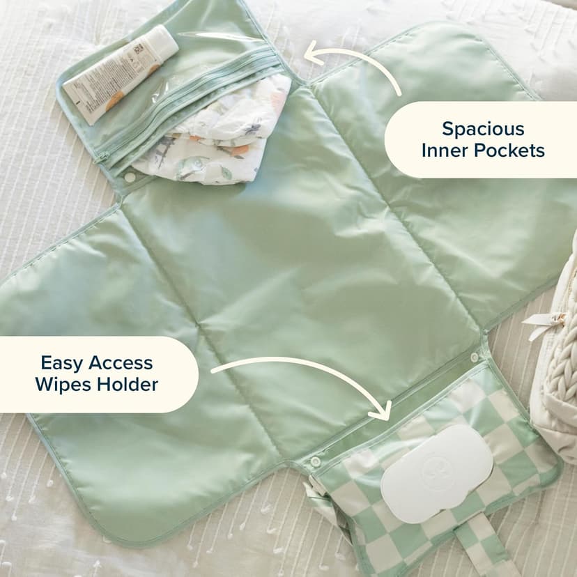 Tiny Twinkle Portable Diaper Changing Pad | Waterproof, Wipeable & Compact Baby Changing Pad for Travel | Smart Wipes Pocket & Organized Storage| Newborn Shower Gift (Sage Checkers) B0DDT2VW7T