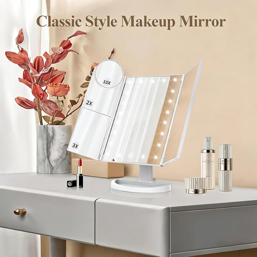 HUONUL Makeup Mirror Vanity Mirror with Lights, 2X, 3X, 10X Magnification, Touch Control, Trifold, White, 9.4" L x 13.4" W, Modern Style, Dresser Mount, Bathroom