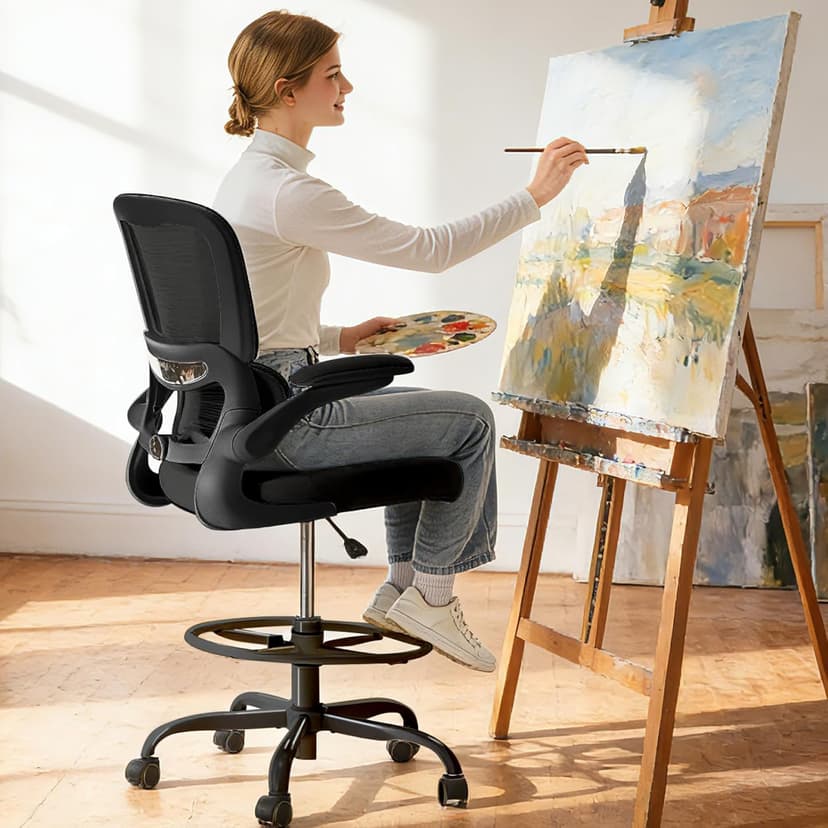 TRALT Drafting Chair - Tall Office Chair for Standing Desk - High Office Chair with Adjustable Footrest Ring Lumbar Support - Tall Office Chairs for Home Office with Flip-Up Armrests (Black)