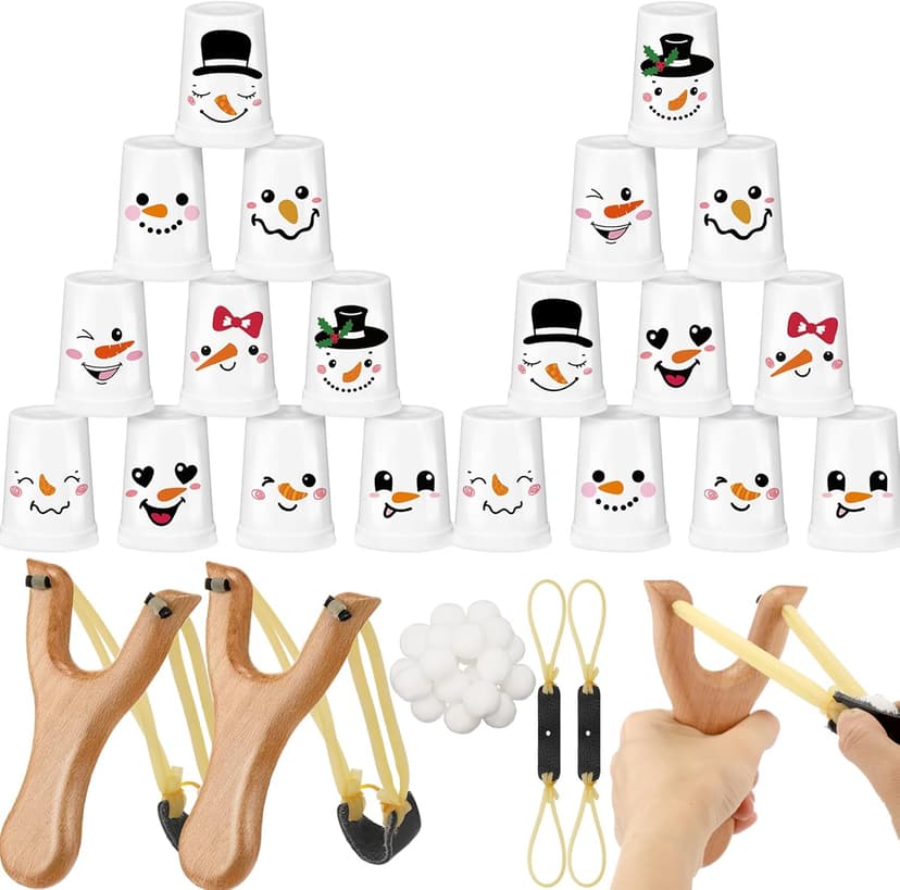 Leitee Christmas Party Games for Family Kids Adults Christmas Games with 24 Stacking Cup 2 Wooden Slingshot 2 Spare Slingshot Rubber Band 20 Felt Fake Snowball for Toss Carnival Parties Group Xmas Fun
