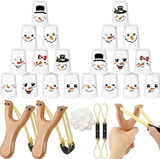 Leitee Christmas Party Games for Family Kids Adults Christmas Games with 24 Stacking Cup 2 Wooden Slingshot 2 Spare Slingshot Rubber Band 20 Felt Fake Snowball for Toss Carnival Parties Group Xmas Fun