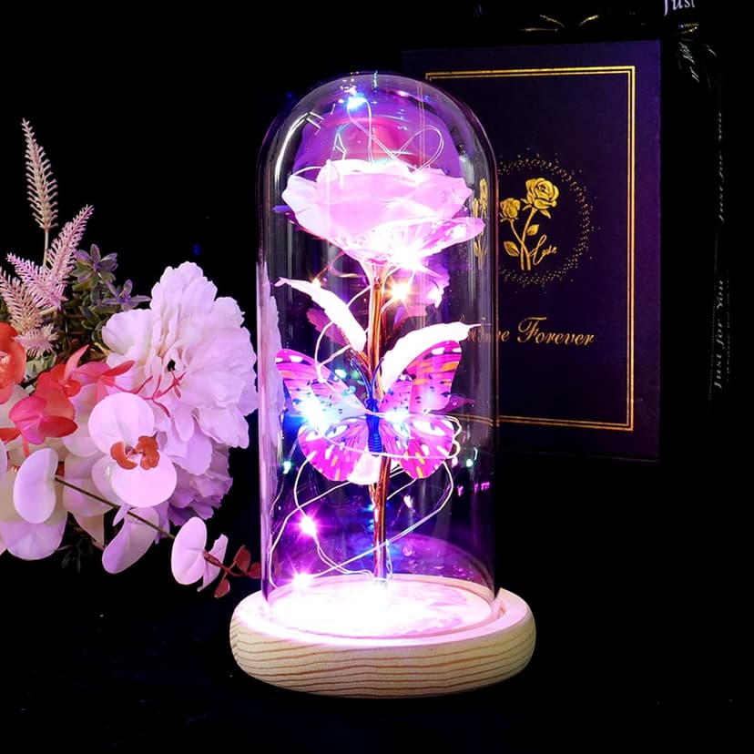 Beferr Christmas Rose Gifts for Women Mom Birthday Gifts, Galaxy Glass Rose Forever Preserved Flowers for Delivery Prime Light Up Rose in Glass Dome with Butterfly Xmas Gifts for Grandma Her Wife