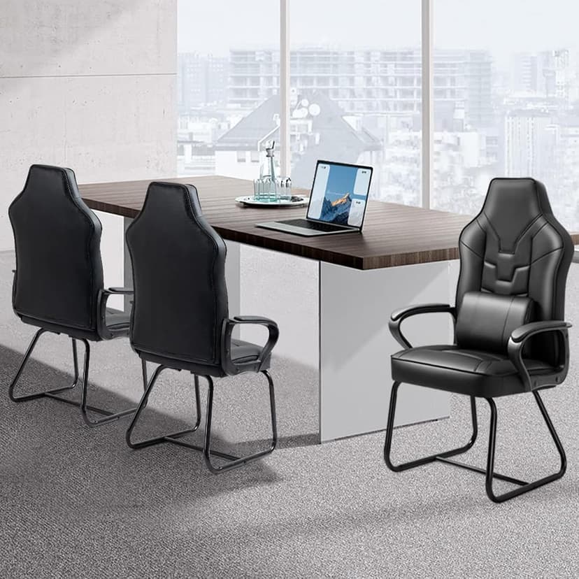 Leather Office Guest Chair No Wheels High Back Computer Reception Chairs with Padded Arms Waist Pillow for Gaming Meeting Conference Waiting Room, Black