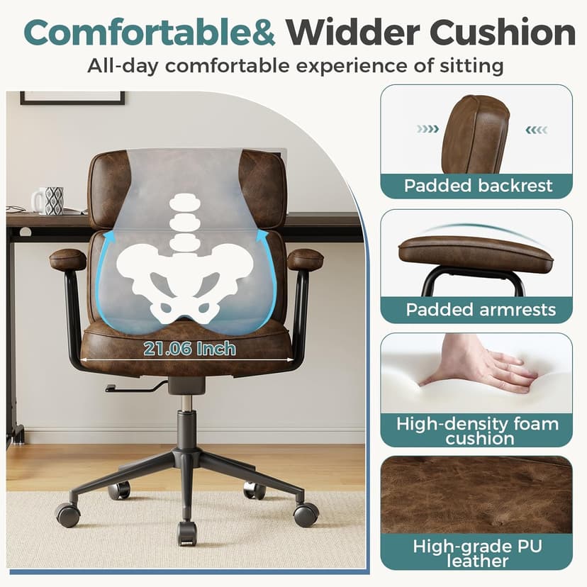 OLIXIS Ergonomic Home Office Desk Chair, PU Leather Computer Chair with Lumbar Support Adjustable Height Rolling Swivel Executive Task Armrests Chair, Modern Brown