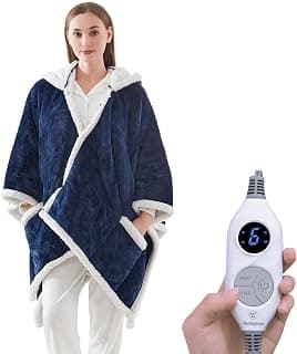 Electric Shawl Wrap with Pockets, Wearable Heated Poncho Hoodie with 6 Heating Levels & 2-10 Hours Auto Shut Off, Home Office Westinghouse Wearable Heated Throw Blanket Flannel Sherpa 50x60 Inch Navy B0CSS5PQ42