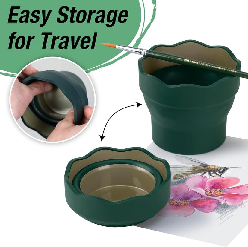 Faber-Castell Clic & Go Artist Water Cup, Dark Green - Travel-Friendly Collapsible Brush Cleaner Tool with Brush Stand, Scalloped Rim, Non-Slip Base, Portable Palette & Rinser B007TYWDQE