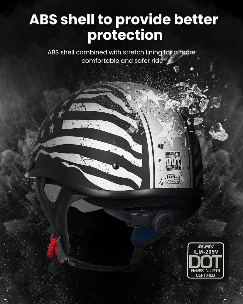 ILM Half Helmet Motorcycle Open Face Sun Visor Quick Release Buckle DOT Approved Cycling Motocross Suits Men Women 205V (M, Patriotic Flag)