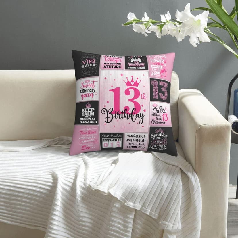 13th Birthday Gifts for Girls, 13 Year Old Girl Birthday Gift Ideas, 13 Yr Old Girl Presents Decorations for Girls Throw Pillow Covers 18x18 Inch