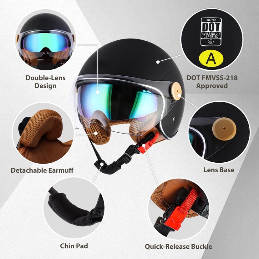 Retro Bluetooth 3/4 Open Face Motorcycle Half Helmet for Men Women - Dual Visors DOT Approved Lightweight Vintage Motorbike Helmet for Scooter Moped ATV Street Dirt Bike Commuting