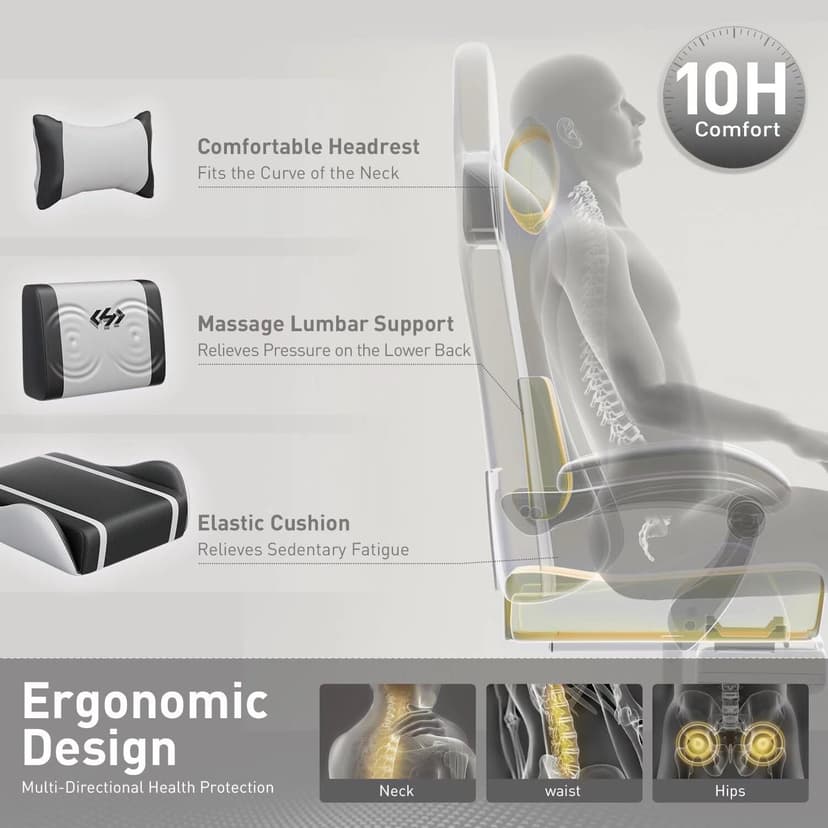 HLDIRECT Gaming Chair, Ergonomic Video Game Seat with 360° Swivel & Lumbar Massage, Computer Chair PU Leather Cushion for Adults Home/Office Use (Black & White)