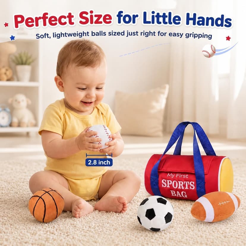 KMUYSL Baby Toys 0-12 Months, My First Sports Bag Plush Toy - 4 Sensory Balls Soft Toys with Crinkle, Rattles for 0-3-6-9-12 Month Newborn Infant, 1st Birthday for Babies Boys Girls Age 1