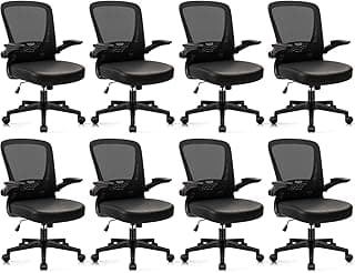 CLATINA Desk Chairs with PU Leather Seat, Flip Up Arms Ergonomic Mesh Back Office Chair with Lumbar Support, Adjustable Height Swivel Rolling Computer Chairs for Home Conference Meeting, Black, 8 Pack