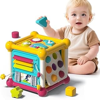 PANITU Baby Activity Cube, Cube Toys for Babies 6-12 Months, Toddler Music Busy Board with 4 Sensory Shape Blocks, 6-in-1 Educational Early Development Toy, Christmas, Birthday Gift for 1 Year Old