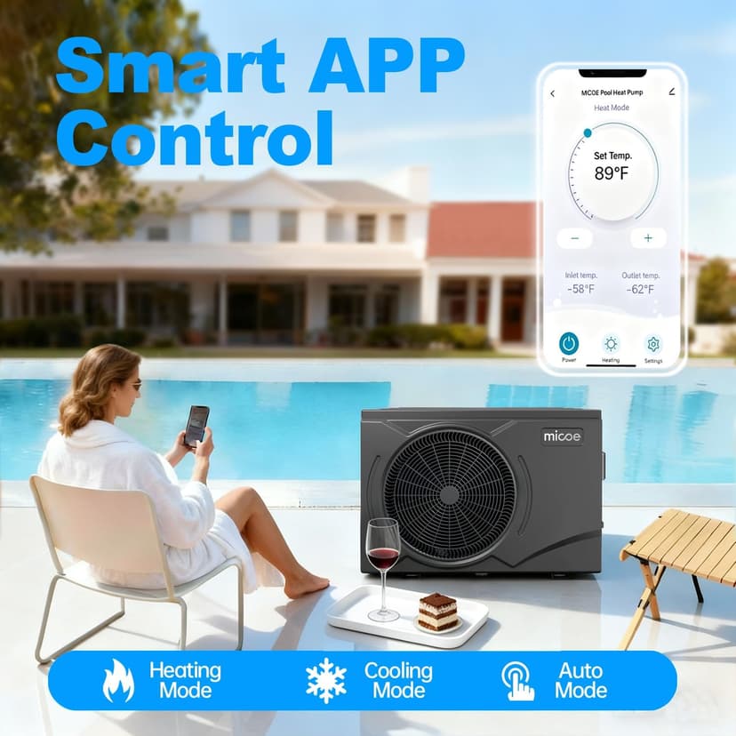 MICOE 35,000 BTU Smart Swimming Pool Heat Pump, Electric Pool Heater for 12,000 Gallons Above Ground & Inground Pools, App-Controlled Heating & Cooling, 220–240V