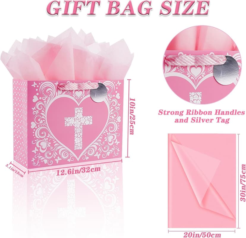 JWSCYSY 12.6" Large Pink Gift Bag with Metallic Silver Floral Cross Design, Card and Tissue Paper for Baby Girl Baptisms, Christenings, First Communions Religious