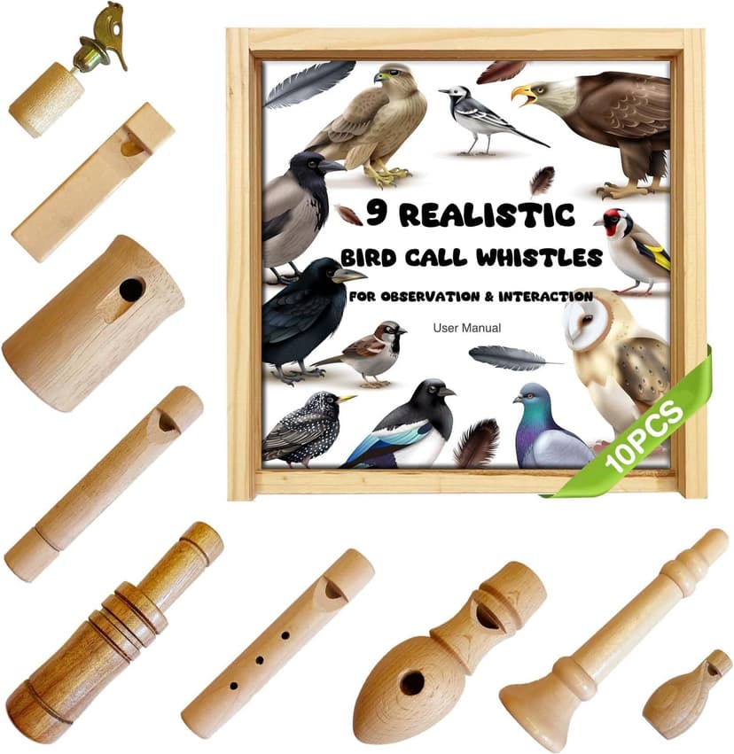 ZDH 9-Piece Wooden Bird Call Set – Handcrafted Bird-Call in Acrylic Wooden Box for Birdwatchers, Nature Lovers, Outdoor Exploration & Education All
