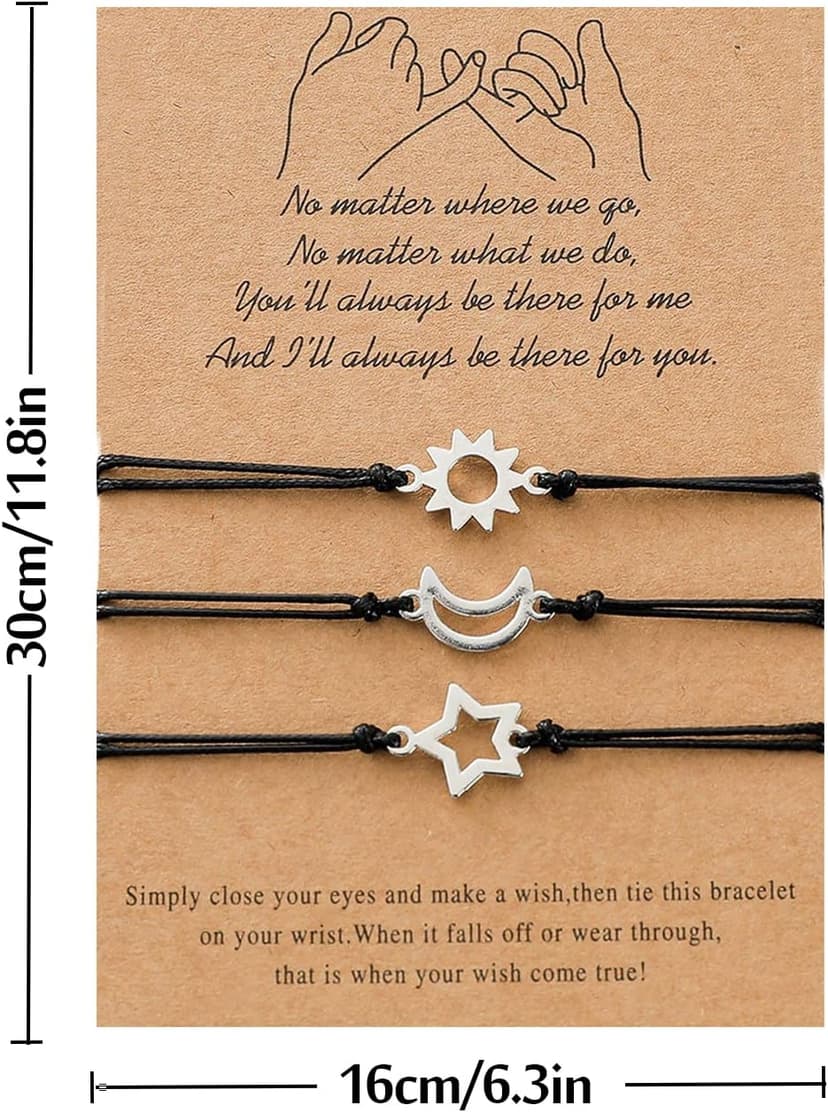 GUMOTCY 3 PCS Friendship Bracelets for 3 Best Friend Couples with Moon Sun Star Adjustable Handmade Cord Relationship Bracelets