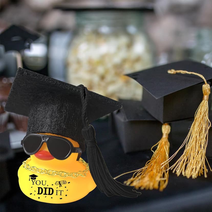 Car Dashboard Decor Graduation Hat Rubber Duck, Car Accessories Ornaments with Mini Graduation Cap, Necklace, Sunglasses for Graduates Students Grad Gift (Black) B0F26CJXTB