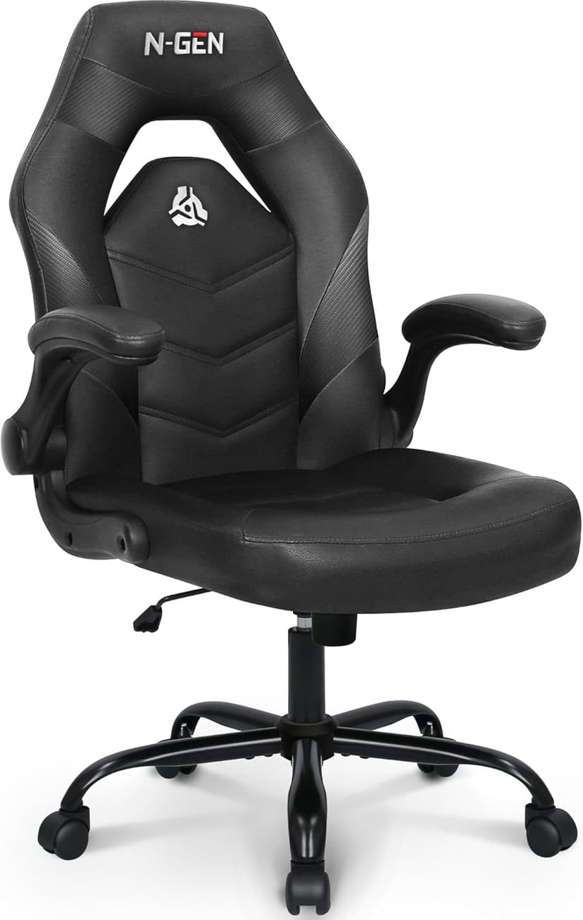 N-GEN Video Gaming Chair Ergonomic Computer Desk Office Chair with Lumbar Support Adjustable Height Swivel Wheels Flip-Up Arms PU Leather Home and Office (Black)