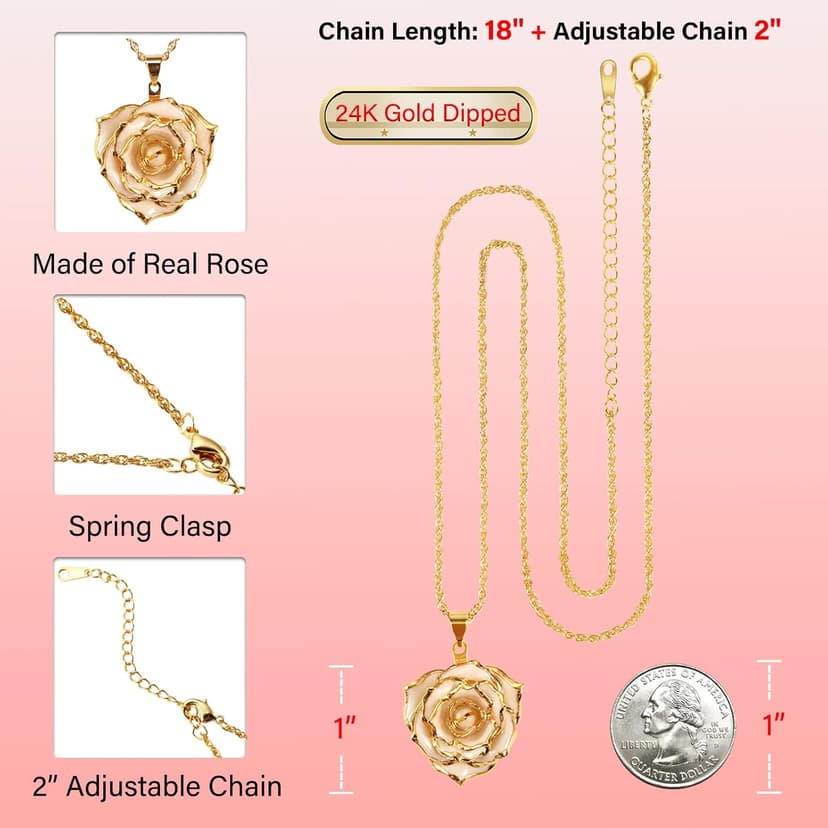 AliveRose Real Rose Gold Dipped Necklace Gifts for Women, 24K Gold Dipped Rose Pendant Necklace Jewelry Mothers Day Anniversaries Birthday Christmas Special Occasions Gifts for Her Mom Wife