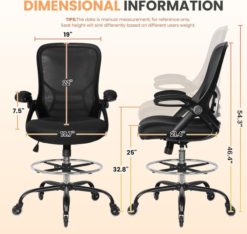 HYLONE Drafting Chair Adjustable, Tall Office Chair Lumbar Support Ergonomic Standing Desk Chair Heavy Duty Tall Drafting Stool for Artists with Footrest Home Office Drafting Stool
