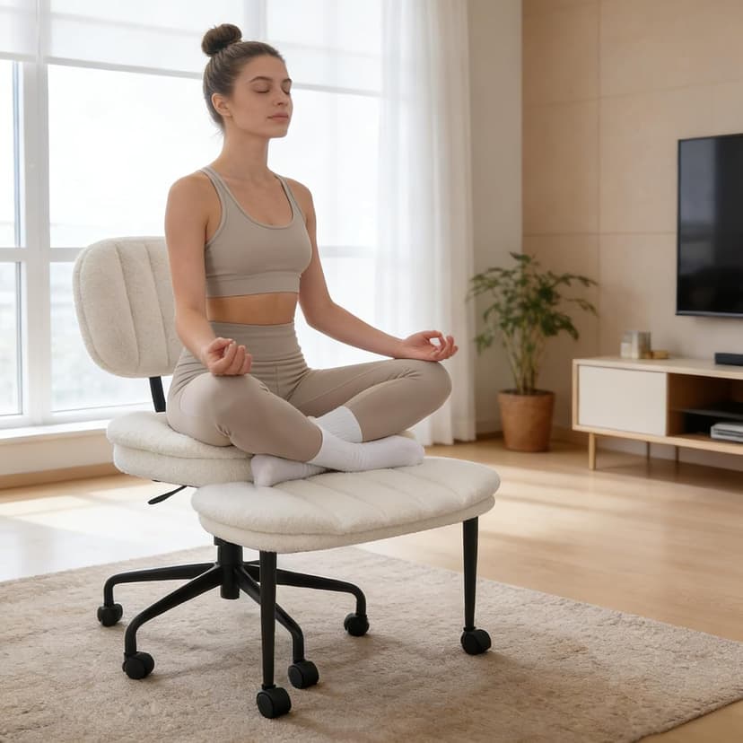 Criss Cross Chair with Footrest, 360° Swivel Faux Shearling Office Chair, Extra Wide Seat with Sofa-Like Comfort, Ergonomic Cross Legged Desk Chair for Cozy Reading, Meditation