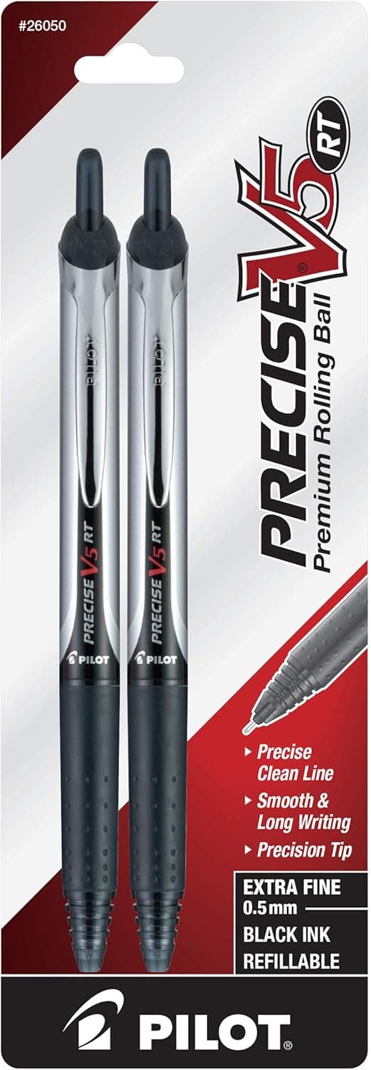 Pilot Precise V5 RT Refillable & Retractable Rollerball Pens, Extra Fine Point Pens 0.5 mm, Black, Pack of 2 - Ideal for School, Journaling & Office Writing