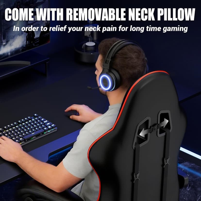 Czlolo Gaming Chair with Footrest Racing Style Lumbar Support Massager Video Game Chair with Metal Legs, High Back Reclining Gamer Chair with Headrest, 360° Swivel Office Computer Desk Chair (Red)