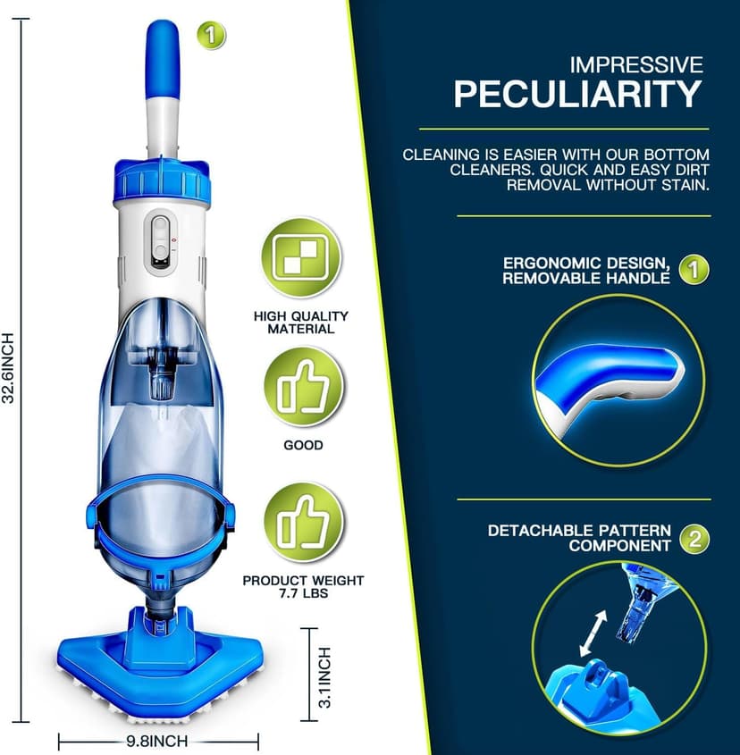 Cordless Handheld Pool Vacuum with Telescopic Pole, Rechargeable Hot Tub SPA Vacuum, 18GPM Powerful Suction, 60Min Runtime, Pools up to 88", Portable Pool Cleaner for Above Ground/Inground Pools