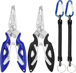 Fishing Pliers, Stainless Steel Fish Hook Remover 2PCS, Multi-Function Fishing Line Cutter Split Ring Opener, Fishing Braid Scissors Gear Accessories Fish Gripper with Lanyard Fly Fishing Tool