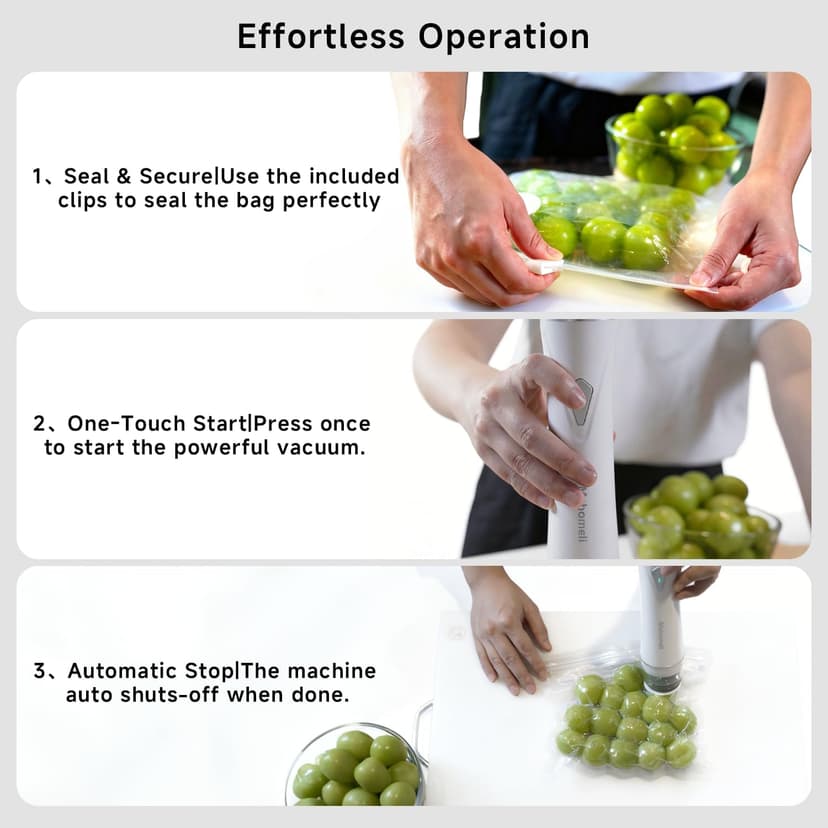 Mehomeli Compact Vacuum Sealer for Food (Vacuum Sealer Machine + 30 Reusable Vacuum Bags), Powerful Handheld Vacuum Sealer Machine, Seal Food 6X Fresh Longer, Portable & Wireless, Easy-Clean