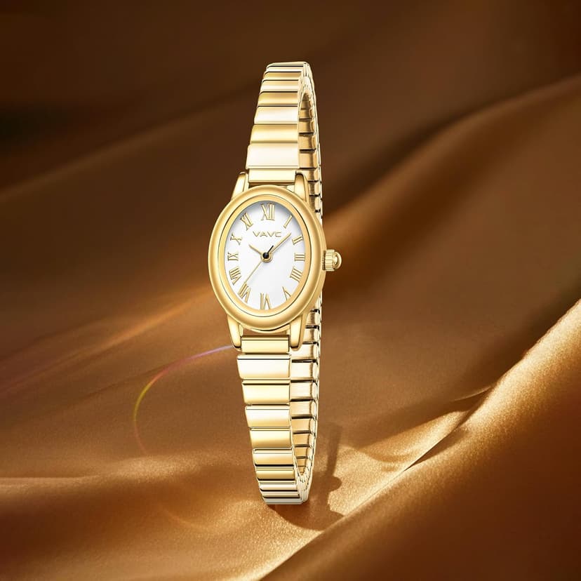 VAVC Small Gold Watches for Women,Analog Womens Watch with Stainless Steel Expansion Band,Oval Case Roman Dial,Water Resistant