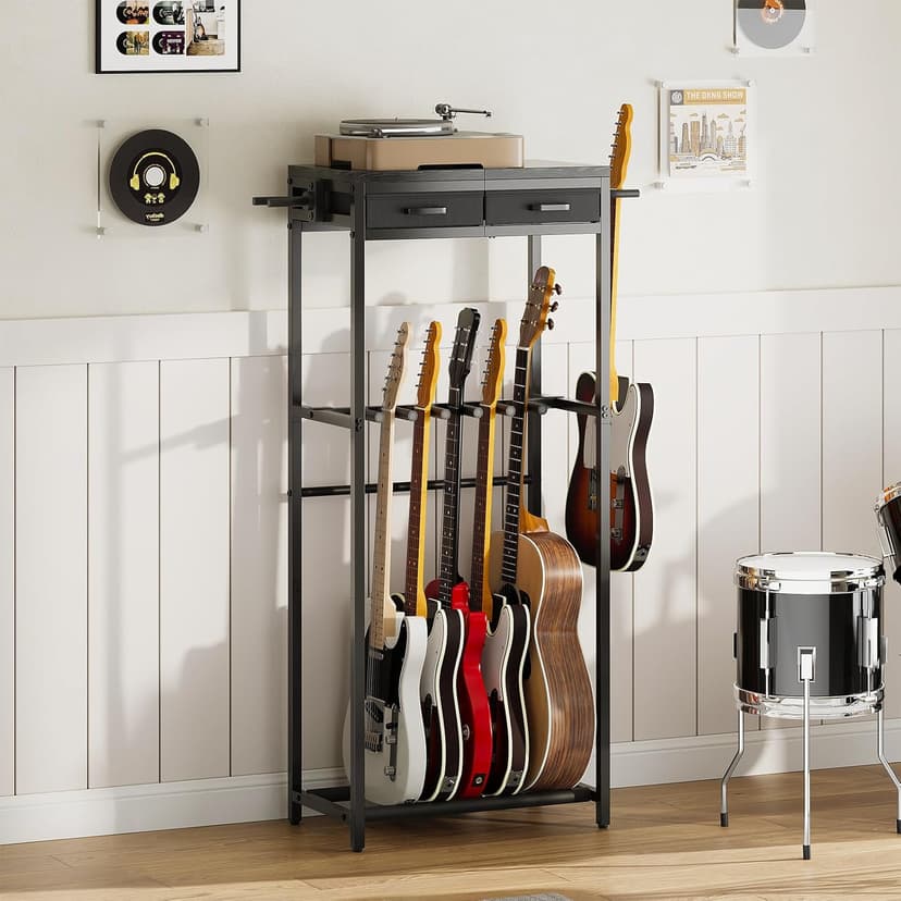 ELYKEN Guitar Stand, Guitar Rack with 2 Hangers and Storage Drawers for Guitar Accessories, Multiple Guitar Holder for Acoustic Electric Guitar, Bass, Ukulele, Instrument, Music Studio, Black