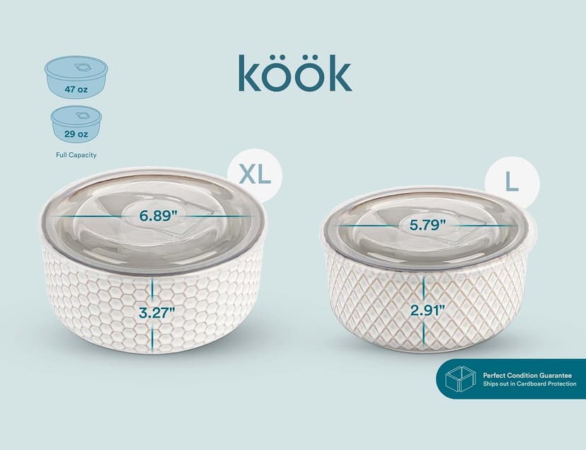 Narbonne Collection, Stackable, For Prep & Serving, 10/17/29/47 oz, Leak-Proof Lids, Steam Vent, Microwave & Dishwasher Safe KooK Ceramic Nesting Bowls with Lids, Embossed Stoneware, Set of 4, Ivory B0BJS6M86W