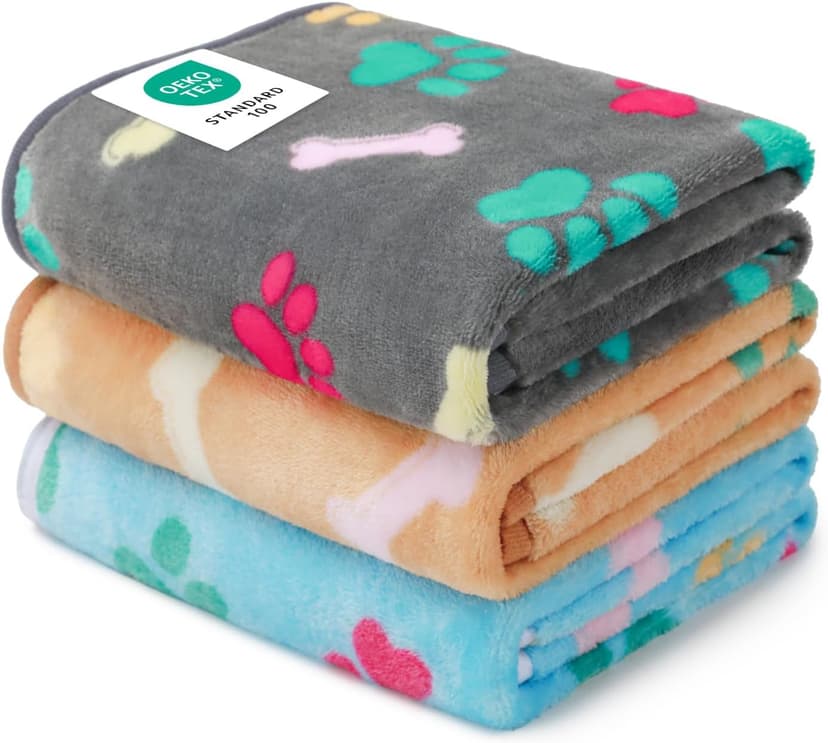 Luciphia 1 Pack 3 Blankets Fluffy Premium Fleece Pet Blanket Flannel Paw Printed Throw for Dog Cat(Small 23x16'', Grey/Brown/Blue) B09PFN1KR8