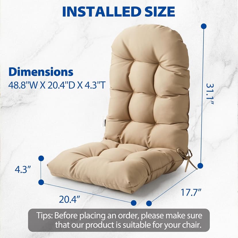 Adirondack Chair Cushion, High Back Patio Cushions with Adjustable Ties, 48.8 x 20.4 x 4.3, Waterproof Tufted Pillow, Fade Resistant Seat Rocking Chair Cushion for Indoor/Outdoor, Khaki, 1