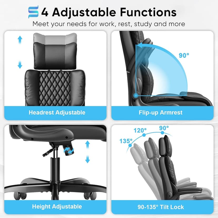 Sytas Ergonomic Office Chair with Adjustable Headrest, Executive Leather Desk Chair with Upgraded Lumbar Support for Lower Back Pain Relief, Thickened Backrest Computer Chair for Home Office, Black
