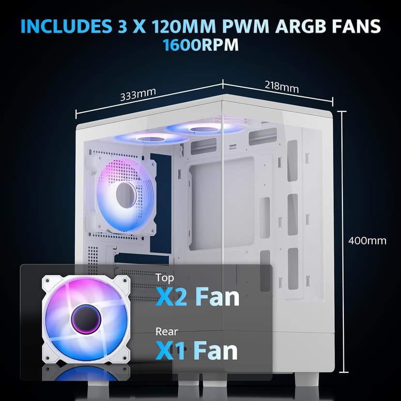 darkFlash Micro ATX PC Case, Pre-Install 3 PWM ARGB Fans Computer Case, Full View Dual Tempered Glass MATX Gaming PC Case, Type C Port, Supports up to 240mm AIO(DB330M) (White)