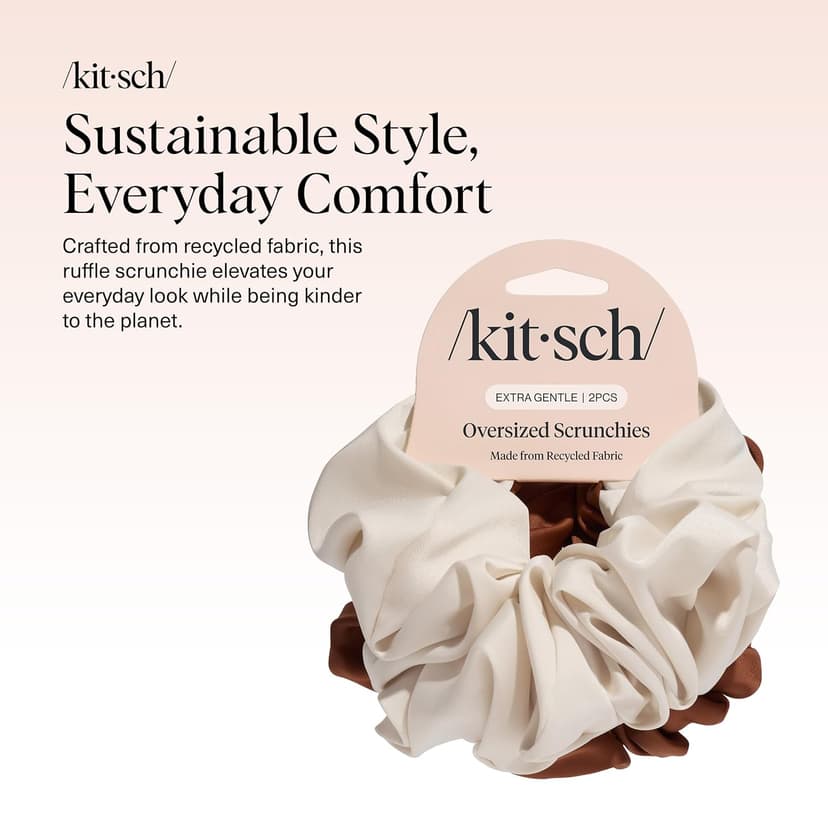 Kitsch Recycled Satin Oversized Scrunchies – Large Hair Scrunchies for Women, Eco-Friendly Hair Ties & Ponytail Holders | Ideal Gifts for Women - Camel & Cream, 2pc Set
