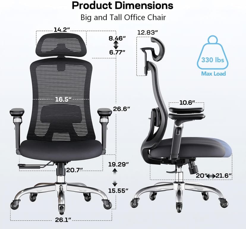 Marsail Ergonomic Office Chair with 6D Armrests, Ergonomic Chair with 3D Adjustable Headrest, Slide Seat, Lumbar Support, and 4-Position Tilt Lock – Big and Tall Office Chair with 330 lbs Capacity