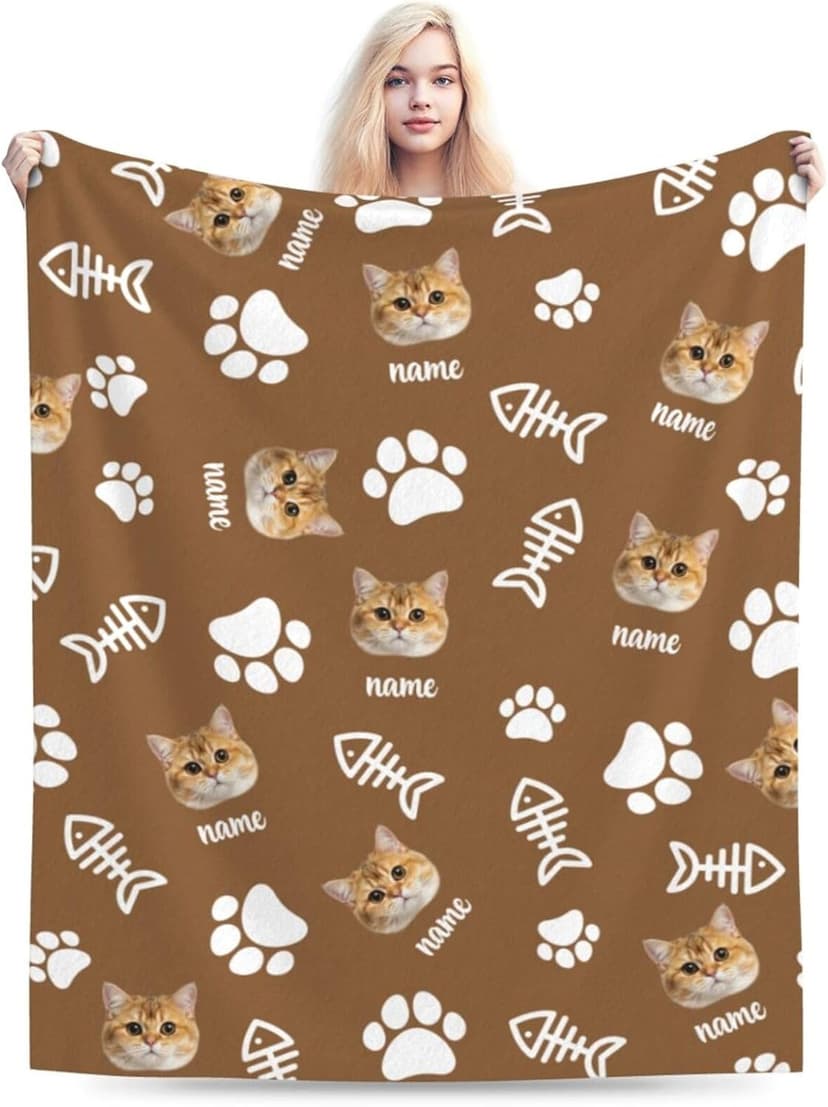 Personalized Cat Face Blanket Throws with Photos, Custom Pet Face Blanket, Cat Gifts for Pet Lovers, Customized Puppy Blanket for Adult Kid Birthday Christmas Fathers Mothers Valentines Gift
