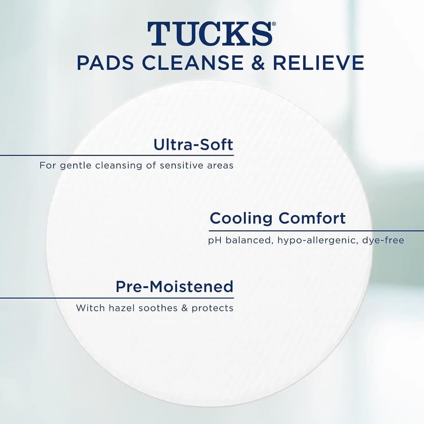 Witch hazel pads designed for sensitive areas and used by hospitals for hemorrhoid symptom relief, also postpartum essentials TUCKS Medicated Cooling Pads, Witch Hazel Hemorrhoid Treatment, 100 Count B06ZYLFV8L